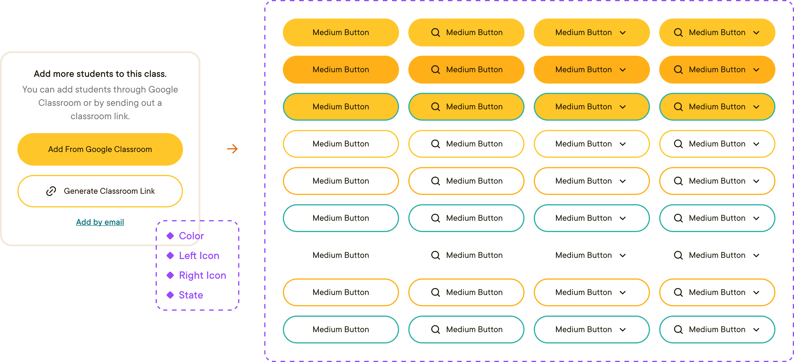 An example of CTAs in the product, juxtaposed with the large Figma component behind the CTA. The component contains 36 different button styles, covering variants of color, left and right icons, and interactive states.