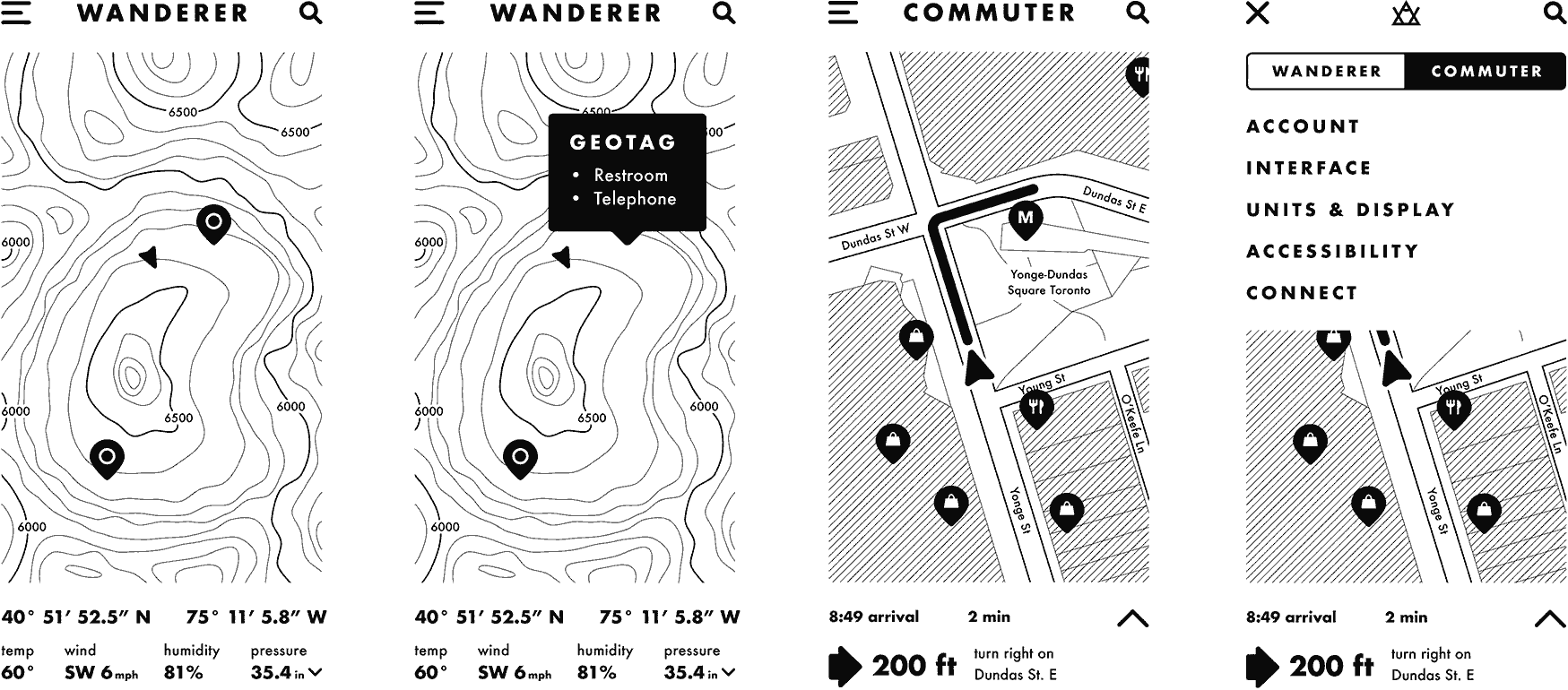 Two exported screens in Wanderer mode and two in Commuter mode. The final one shows the dropdown menu.