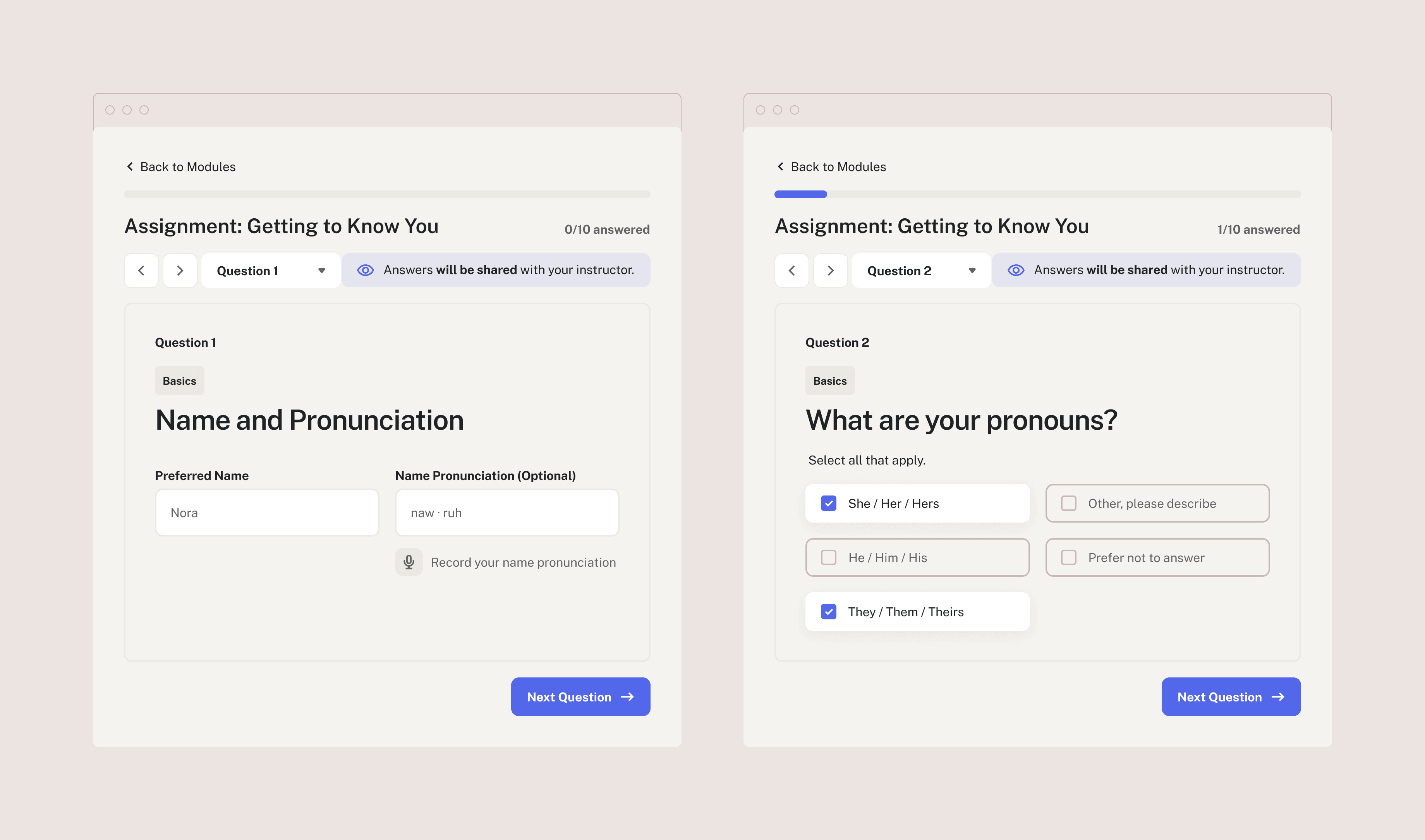Side-by-side screenshots of the name entry form and the pronoun entry form. The name form includes fields for preferred name and pronunciation, with the option to type pronunciation or record audio. The pronoun form allows the user to select She/Her, He/Him, They/Them, Other, or Prefer not to answer, with the option to select multiple if desired.
