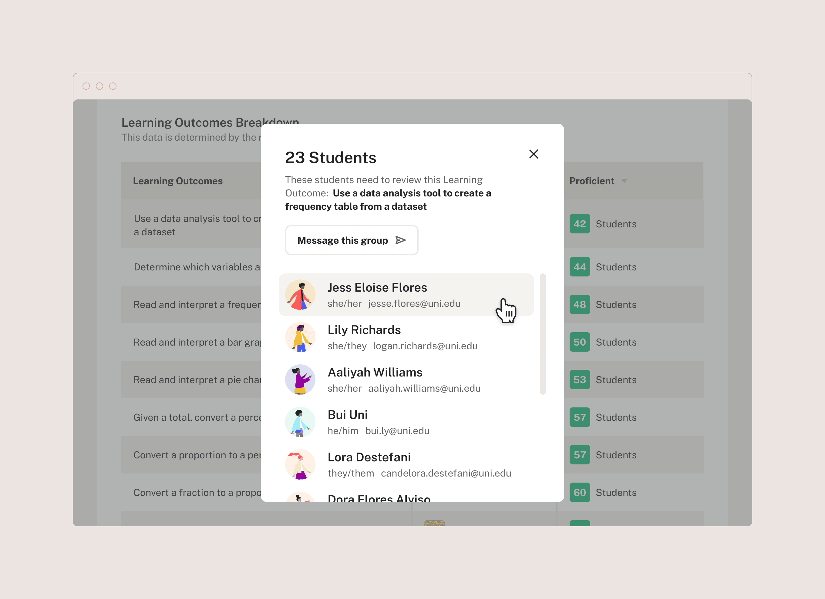 A screenshot of a student class list. The list displays the student's preferred first name alongside their last name which is provided by the university. Below each name, in smaller text, appear the student's pronouns and email address.